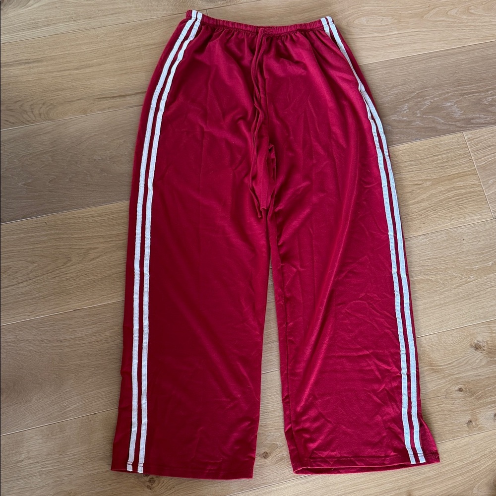 Red/Burgundy Track Pants with White Stripes